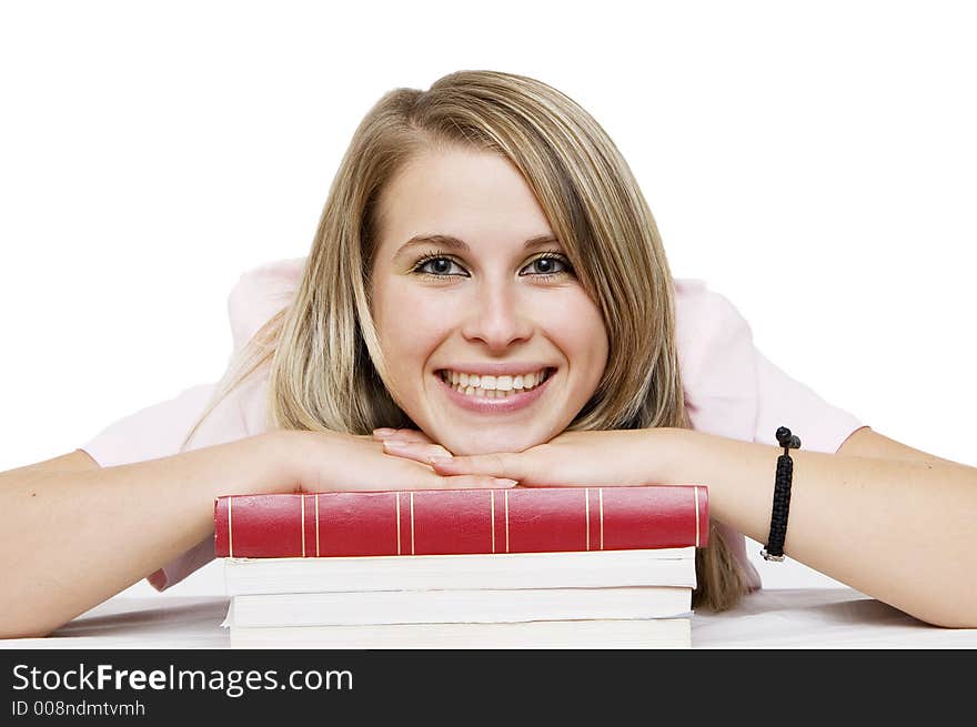 Blondie over her books for school. Blondie over her books for school