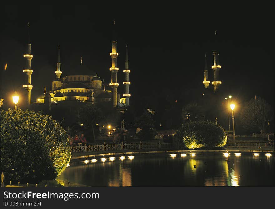 Blue Mosque. Sultanahmet Lighting mosque in darkness.