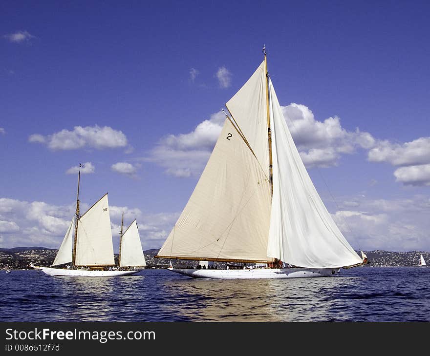 Classic sailing yacht marconi rigged Halowe'en from 1929 crossing Adria on the way out. Classic sailing yacht marconi rigged Halowe'en from 1929 crossing Adria on the way out