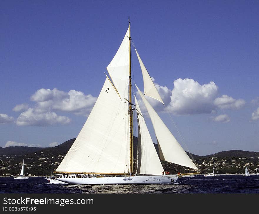 Classic sailing yacht Hallowe'en under full sail in a breeze at Nioularge