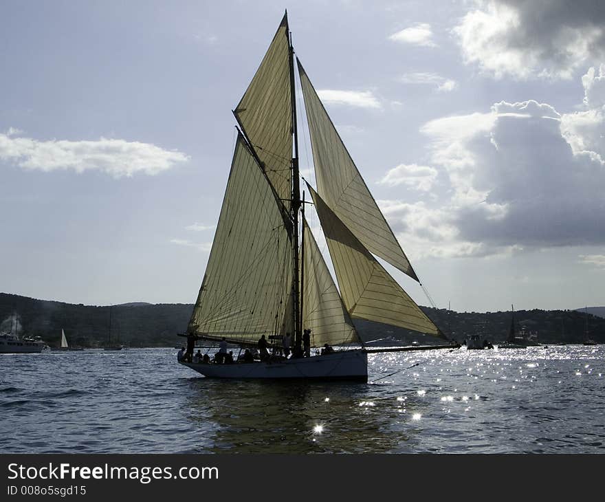 Classic sailing yacht slowly drifting in a ligth wind. Classic sailing yacht slowly drifting in a ligth wind