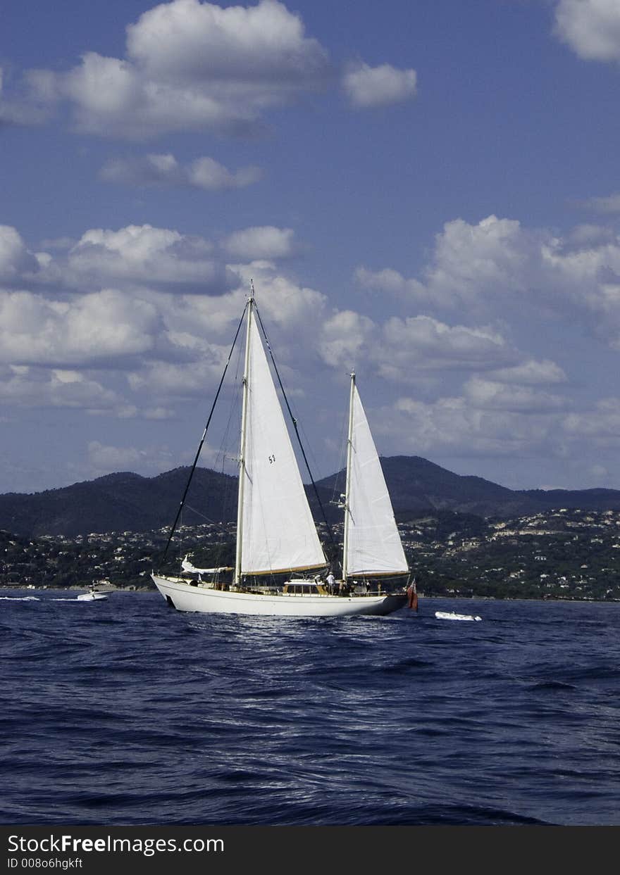 Classic sailing ship Tamory motoring in the bay of St-Tropez