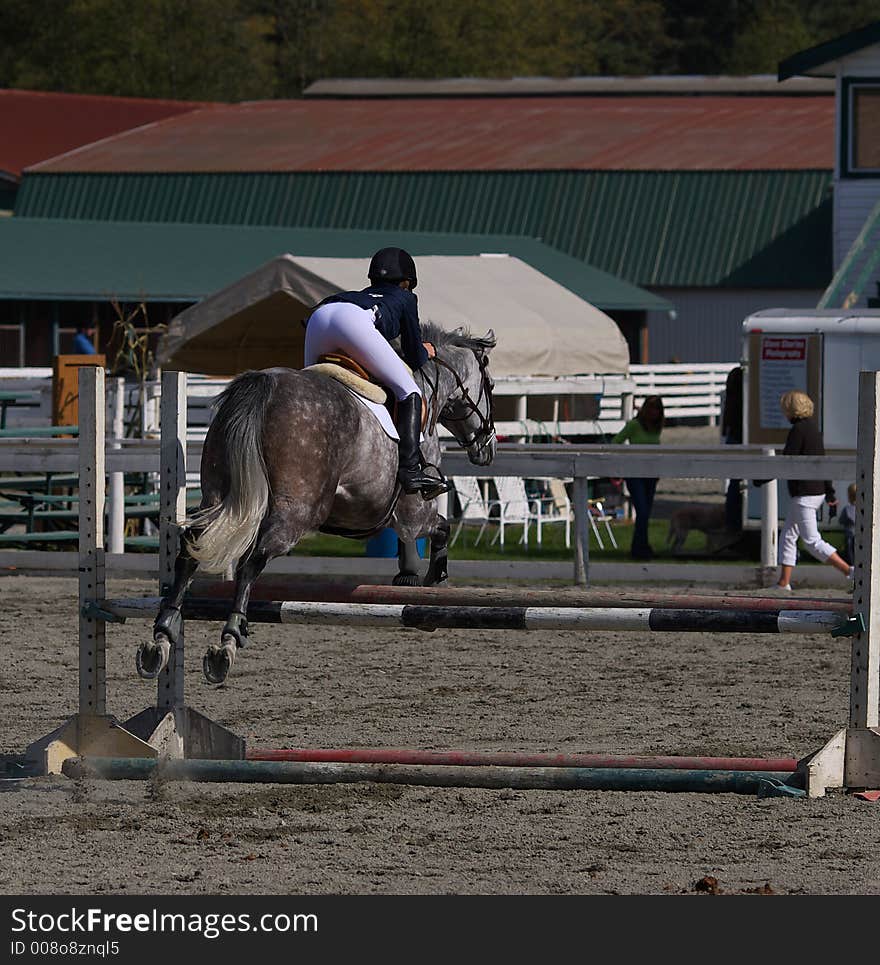 Horse and rider taking jump in local competition. Horse and rider taking jump in local competition