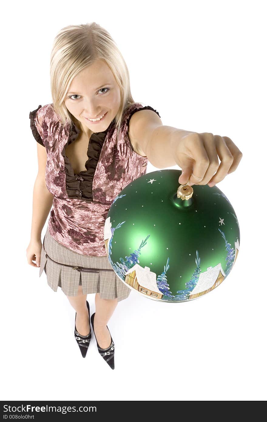 Isolated on white headshot of young blonde woman with christmas ball