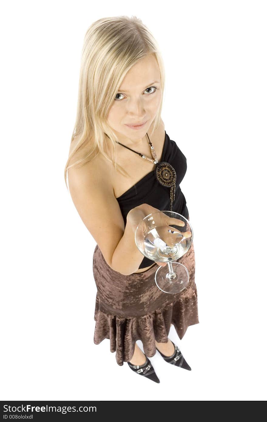 Headshot of young blonde woman with martini glass