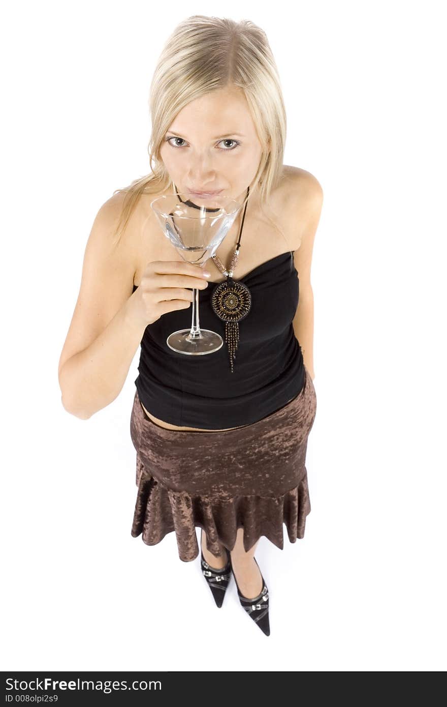 Isolated on white headshot of young blonde woman with martini glass