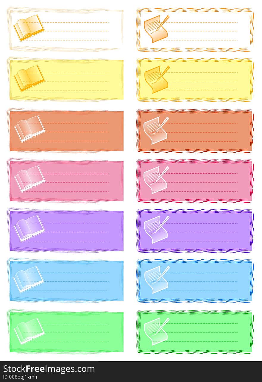 A page of empty labels easy to use for your text. Decorated with little papers and books. A page of empty labels easy to use for your text. Decorated with little papers and books.