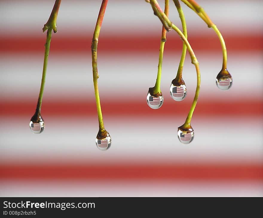 Reflection of american flag on drops