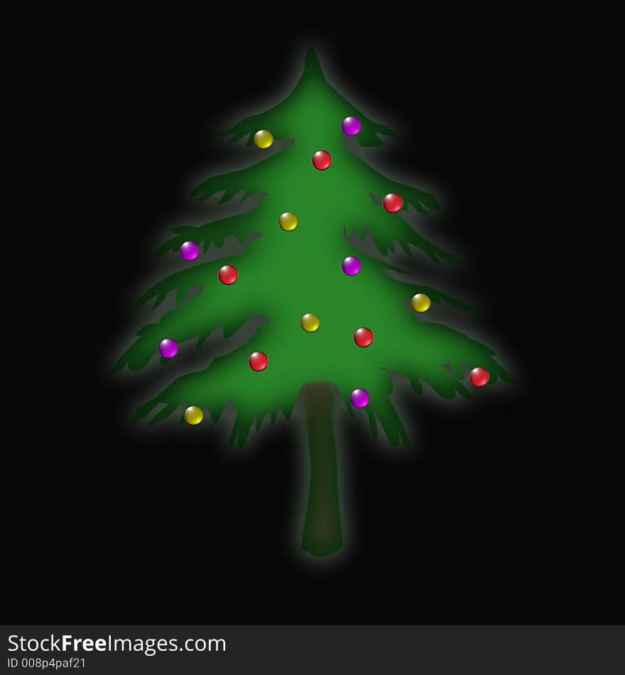 An illustration of a decorated Christmas tree on a black background.