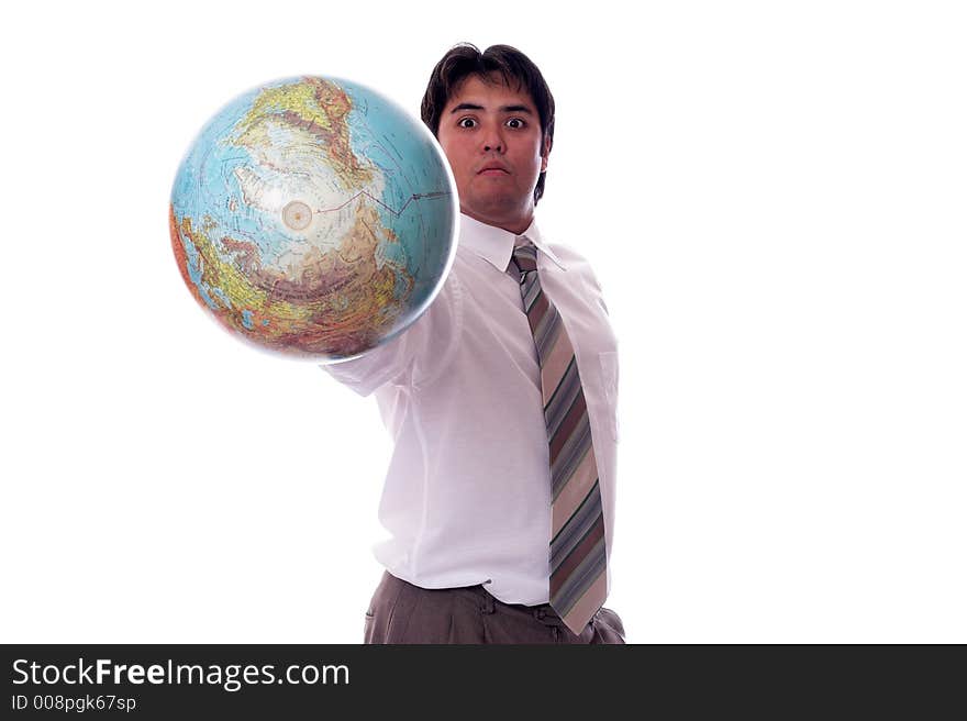 Young asian businessman holding the world in his hands. Young asian businessman holding the world in his hands
