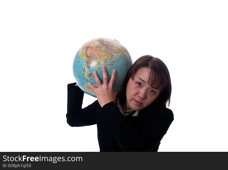 Young asian businesswomen holding a globe on her shoulder. Young asian businesswomen holding a globe on her shoulder