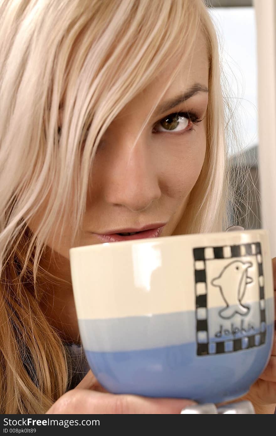 Blond, young girl, woman drinking tea