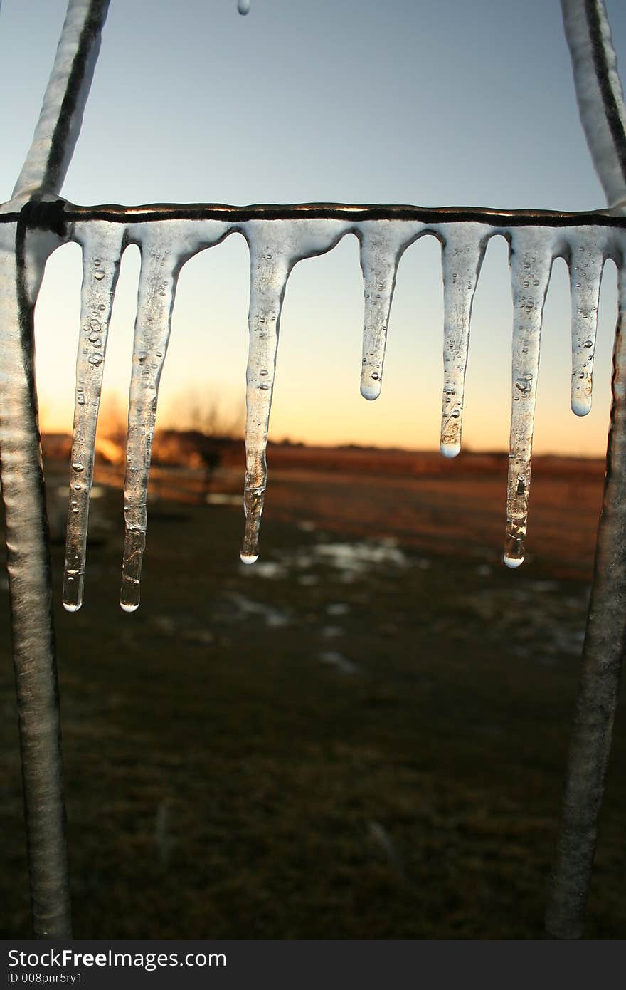 Sunset through icicles on a wire fence. Sunset through icicles on a wire fence