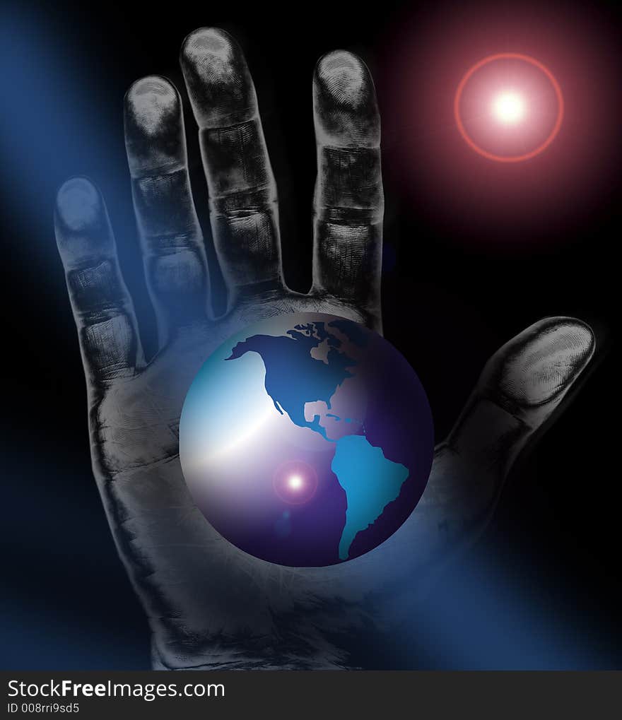 Map or globe with coloured land area and a flare background showing the American section of the earth within the palm of a hand behind it for the concept of god has the whole world in his hands. Map or globe with coloured land area and a flare background showing the American section of the earth within the palm of a hand behind it for the concept of god has the whole world in his hands.