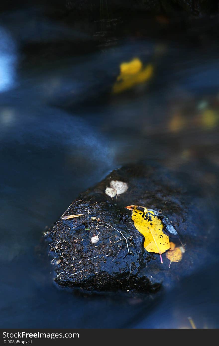 A single rock in a small stream, shot in autumn, single yellow leave on rock motiontrails on streaming water. A single rock in a small stream, shot in autumn, single yellow leave on rock motiontrails on streaming water