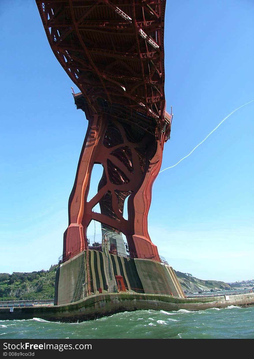 The Golden Gate Bridge Twisting overhead. The Golden Gate Bridge Twisting overhead.