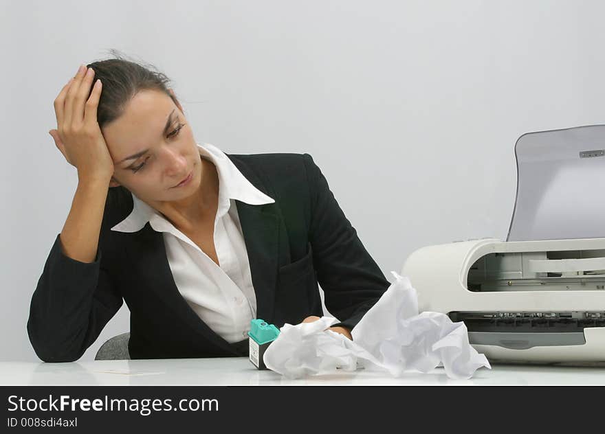 Business woman is prinring in office, copy, duplicate, calling