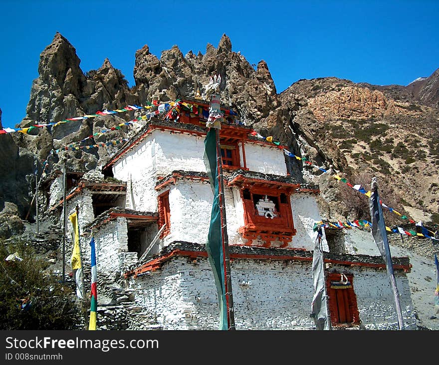 Tibetan buddhist stupa in the Annapurna Mountain Range, Nepal. Tibetan buddhist stupa in the Annapurna Mountain Range, Nepal.