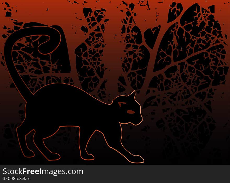 Spooky black cat stalking in front of a dark grunge background - great for Halloween designs. Spooky black cat stalking in front of a dark grunge background - great for Halloween designs