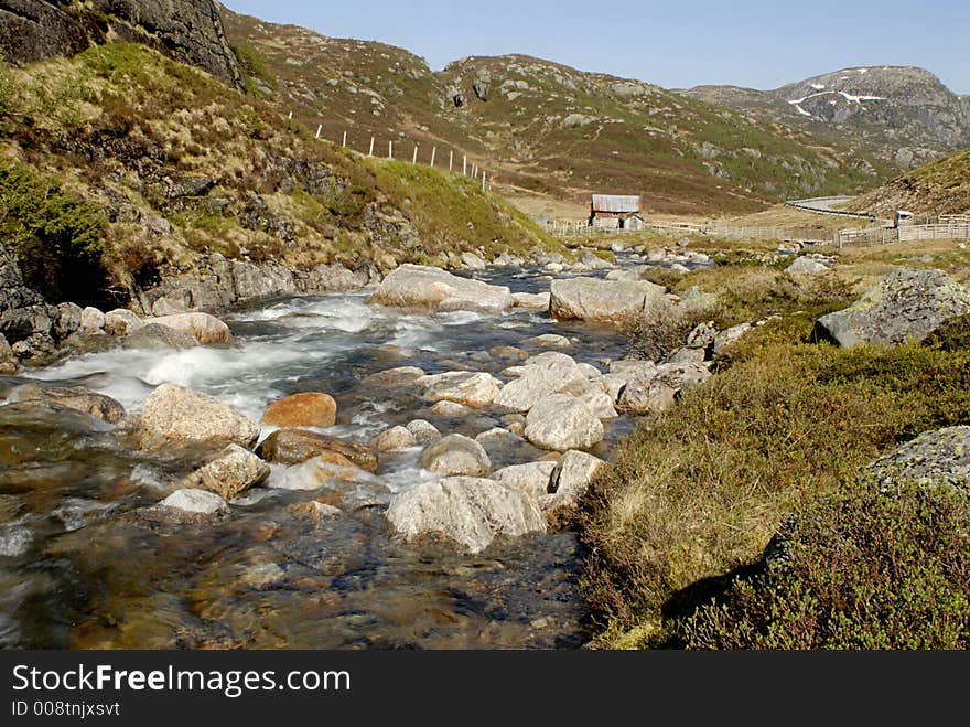 Mountain river and cottage