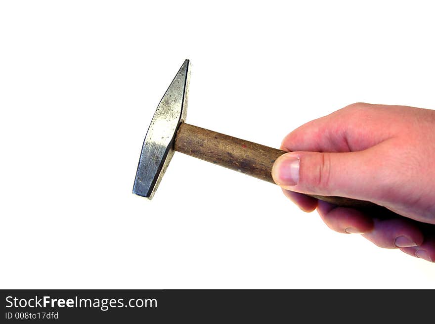 Hand holding hammer on pure white background. Hand holding hammer on pure white background