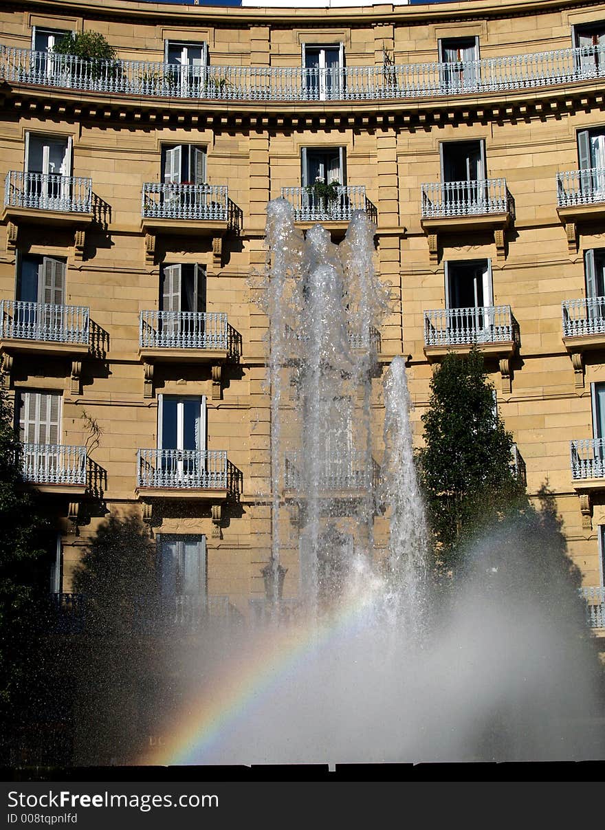 Fountain and building