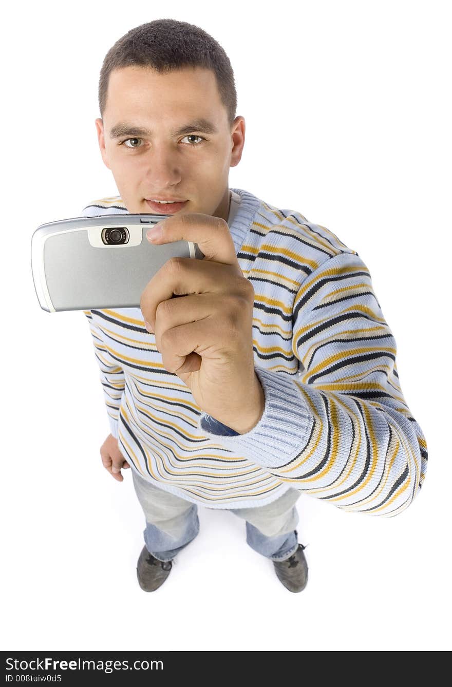 Isolated on white headshot of young man with palmtop / mobile phone