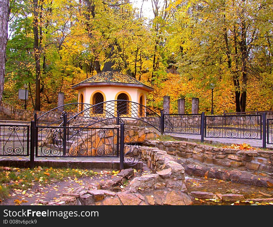 Park of rest in the autumn. Sacred source - a favourite place of rest of inhabitants for meditation and restoration of forces.