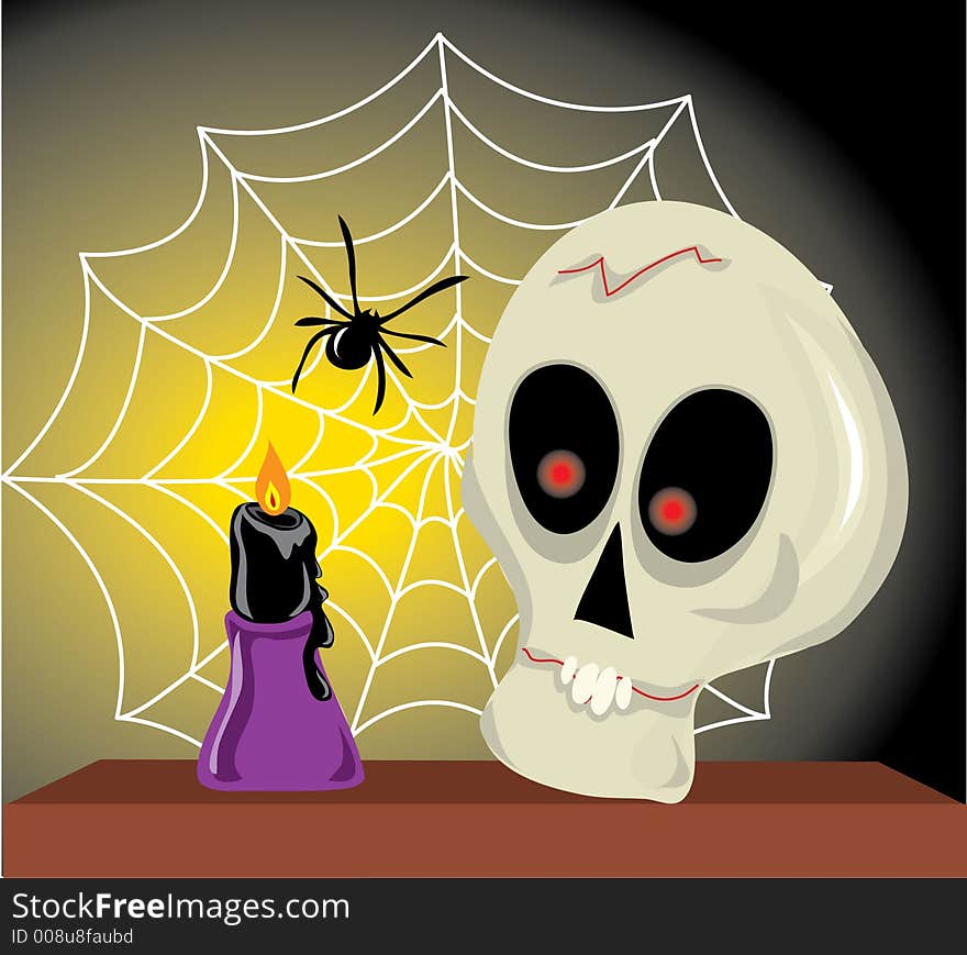 A scary skull with a spiderweb and candle. A scary skull with a spiderweb and candle