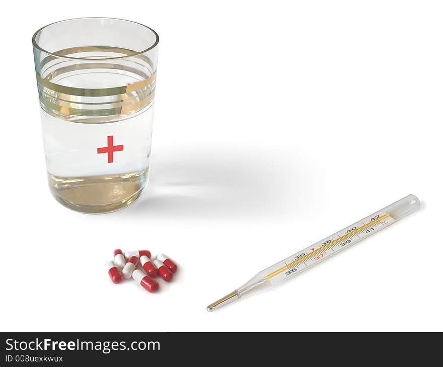 Thermometer, glass and pills - isolated