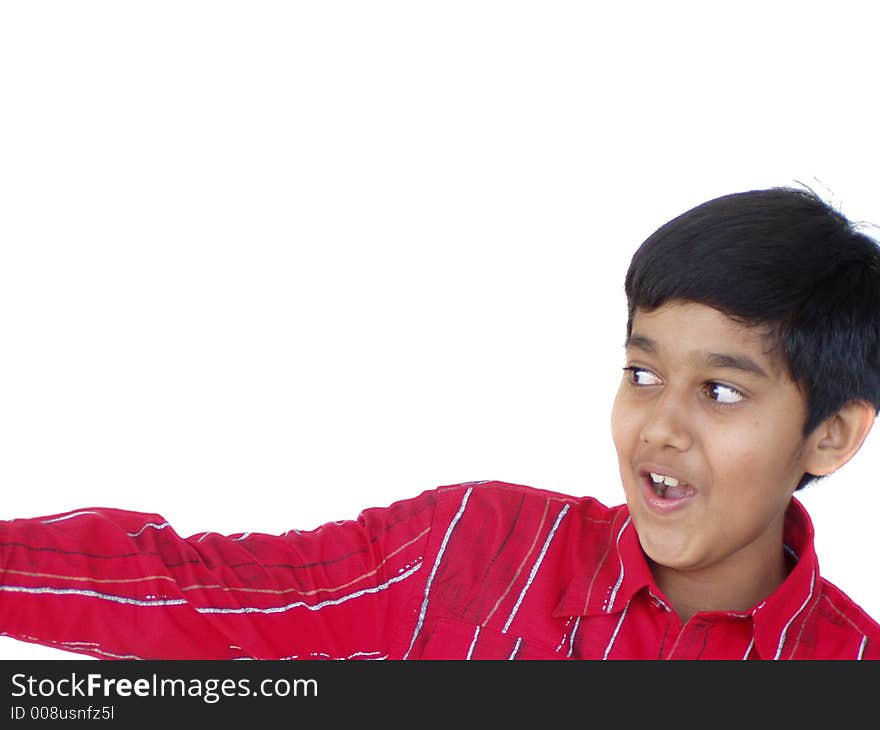 A young boy in red shirt pointing excitedly. A young boy in red shirt pointing excitedly