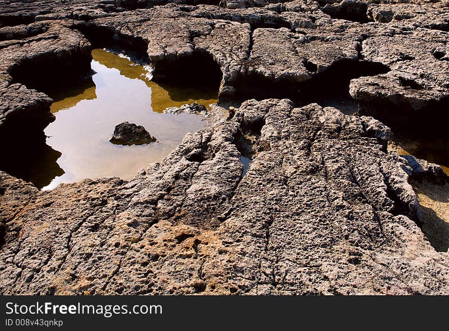 The rocky seashore of Gozo island. The rocky seashore of Gozo island