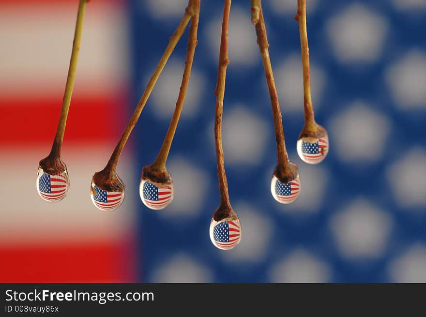 American flag reflection into drops