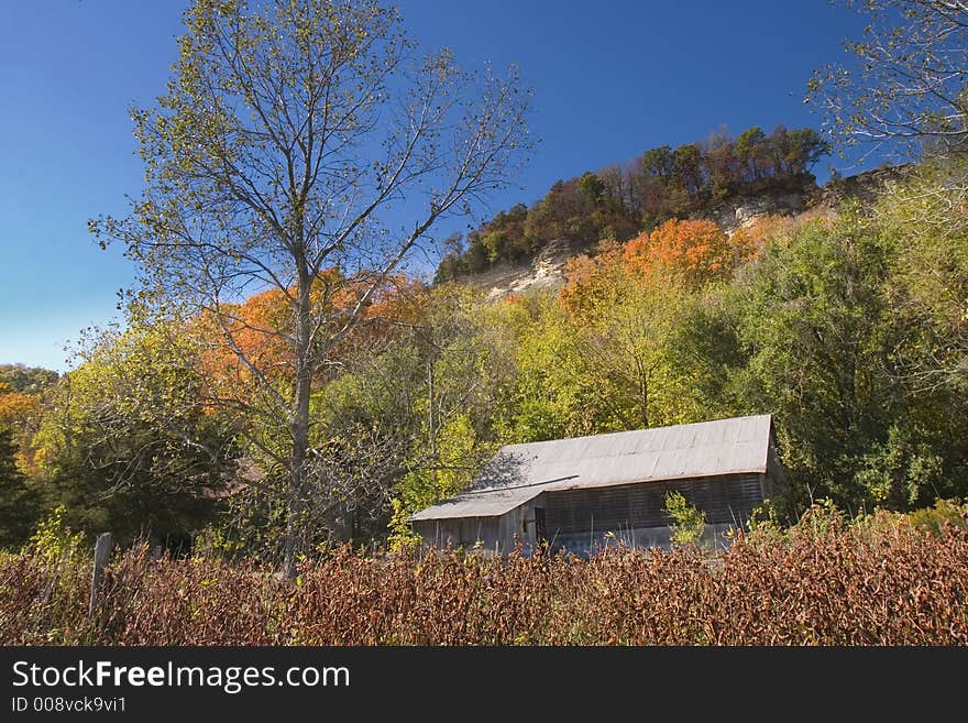 Old abandond barn nestled in the fall foliage of a white limestone bluffs in a bean field. Old abandond barn nestled in the fall foliage of a white limestone bluffs in a bean field.