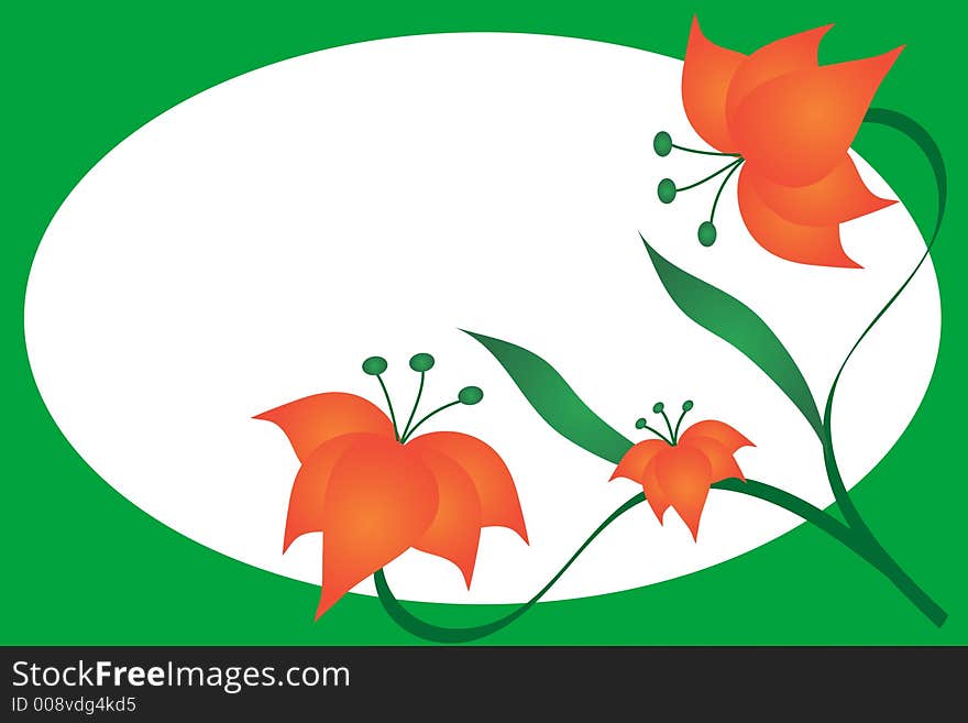 Three orange flowers and leaves border a green and white background. Three orange flowers and leaves border a green and white background.