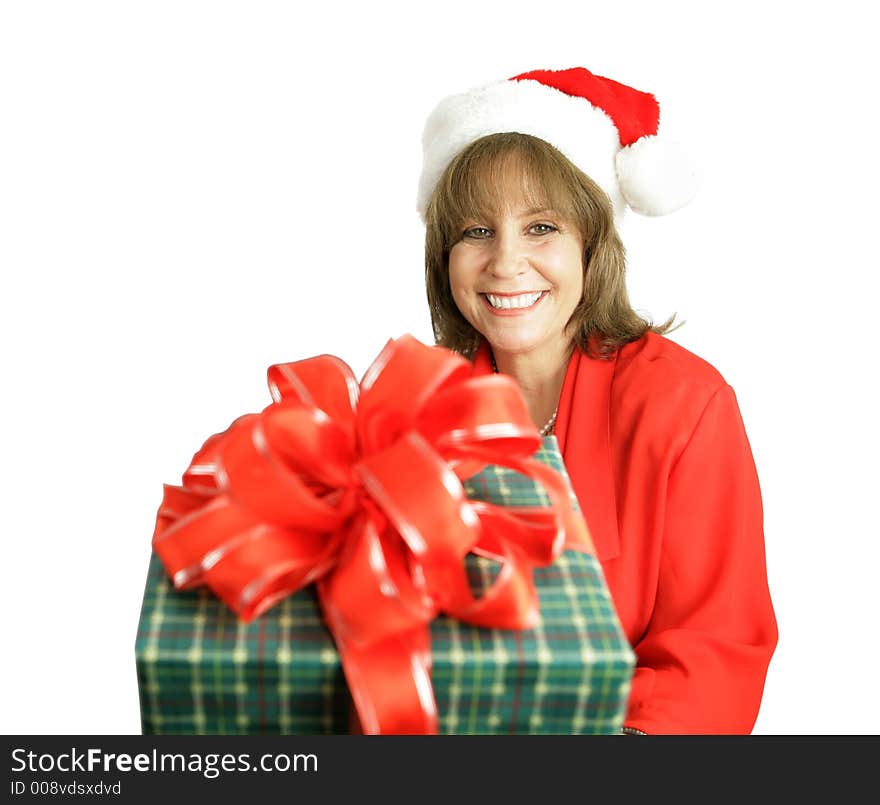 A cute woman with a Christmas gift for you.  Isolated on white. A cute woman with a Christmas gift for you.  Isolated on white.