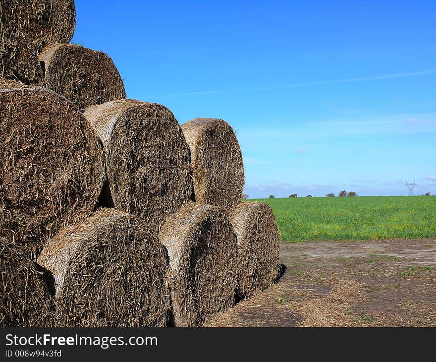 A row of straw bales on a field after harvest; straw bales texture; cloudly sky;