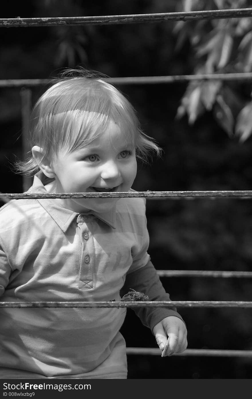 An outdoor portrait of a toddler in black and white peaking through a rail. An outdoor portrait of a toddler in black and white peaking through a rail