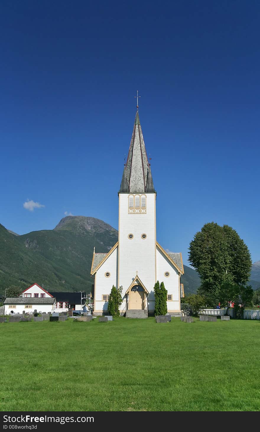 A church in Valldalen, Norway, on a sunny day. A church in Valldalen, Norway, on a sunny day