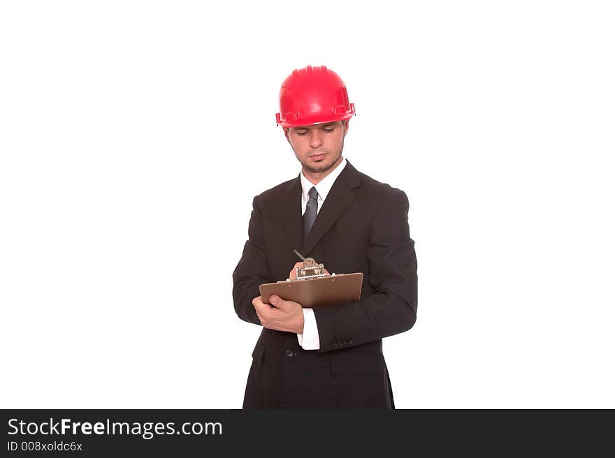 Architect writing on a clipboard,isolated. Architect writing on a clipboard,isolated