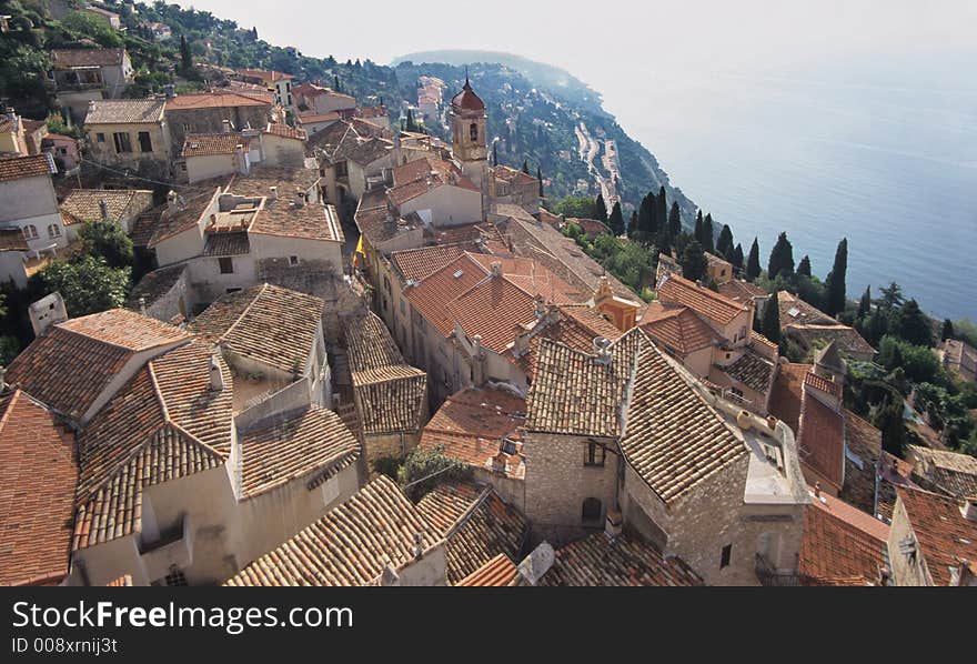 Roquebrune, a picturesque antique perched village of french riviera with its bell tower, its roofs of roman tiles, its cypress, its unique view on the sea