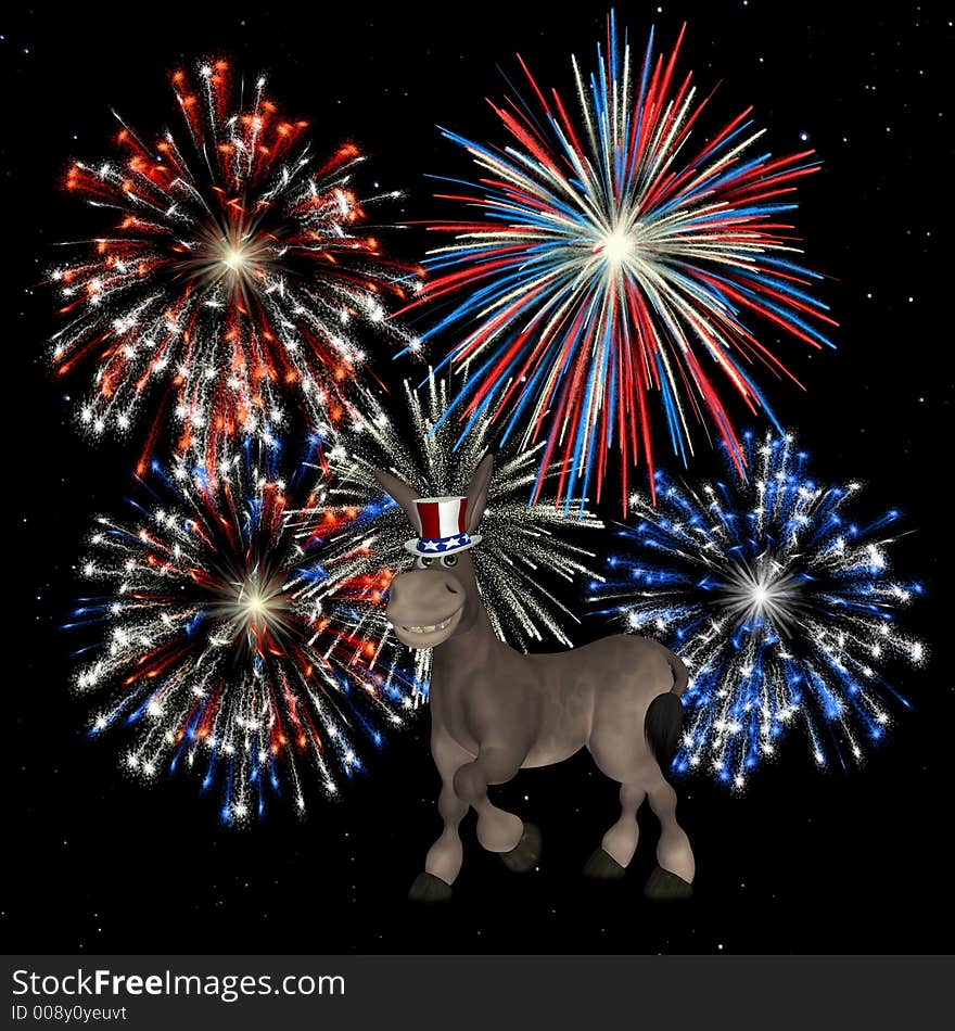 Political Donkey with a backdrop of fireworks over a starry sky. Political Donkey with a backdrop of fireworks over a starry sky.