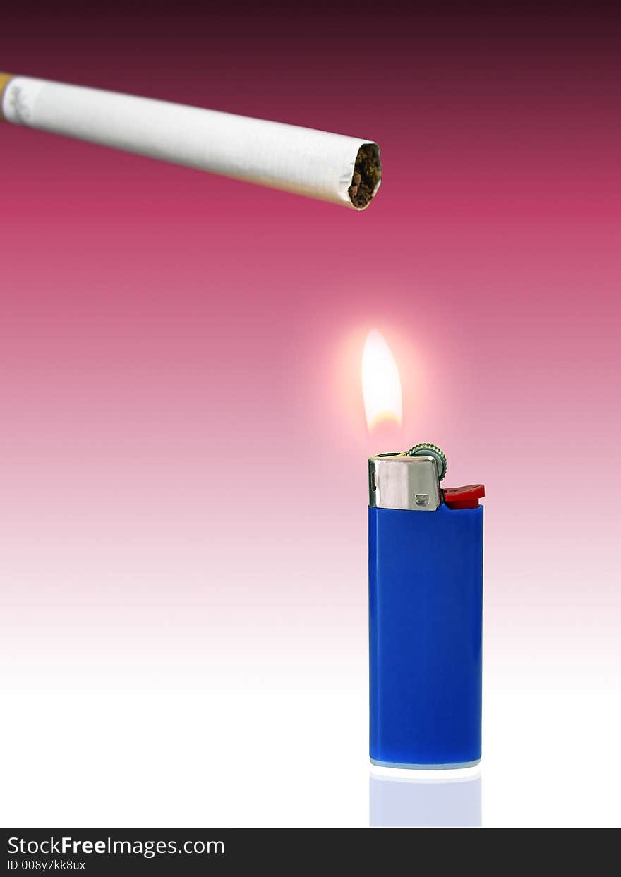 Blue lighter lighting up a cigarette.