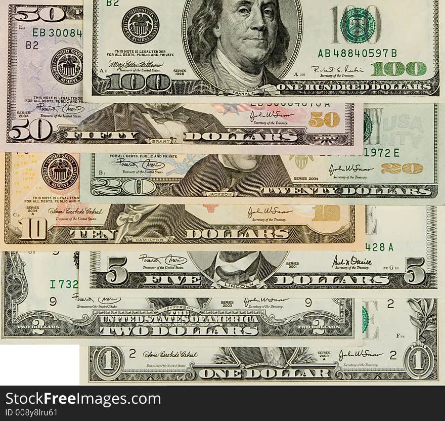 1, 2, 5, 10, 20, 50, 100  dollars banknotes,  close up