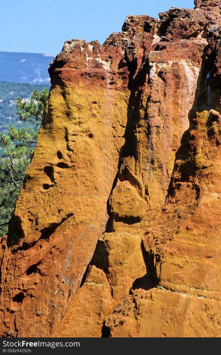 View of ochre clay cliffs of Roussillon in Provence, France