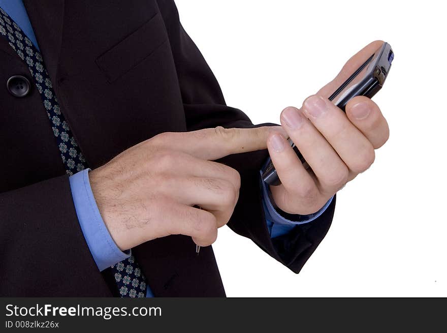 Business Man verify data on his personal minicomputer. Business Man verify data on his personal minicomputer