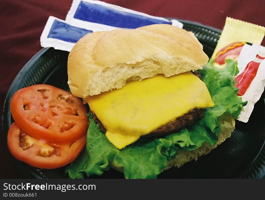 Cheeseburger, tomato, lettuce and 'generic' condiments. Cheeseburger, tomato, lettuce and 'generic' condiments