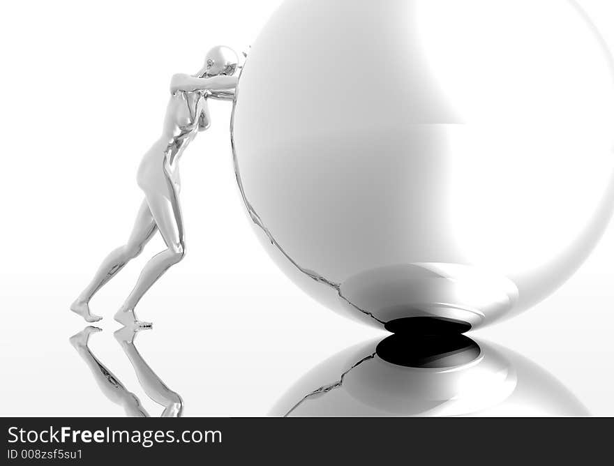 Platinum render on female figure pushing sphere. Platinum render on female figure pushing sphere