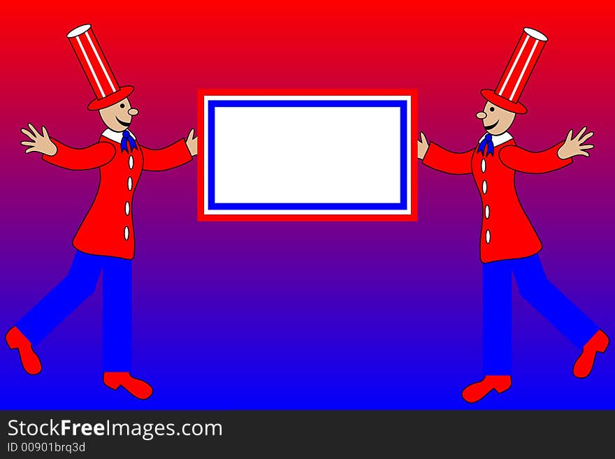 Two patriotic cartoon figures holding an announcement box to be filled in with your own text. Two patriotic cartoon figures holding an announcement box to be filled in with your own text.