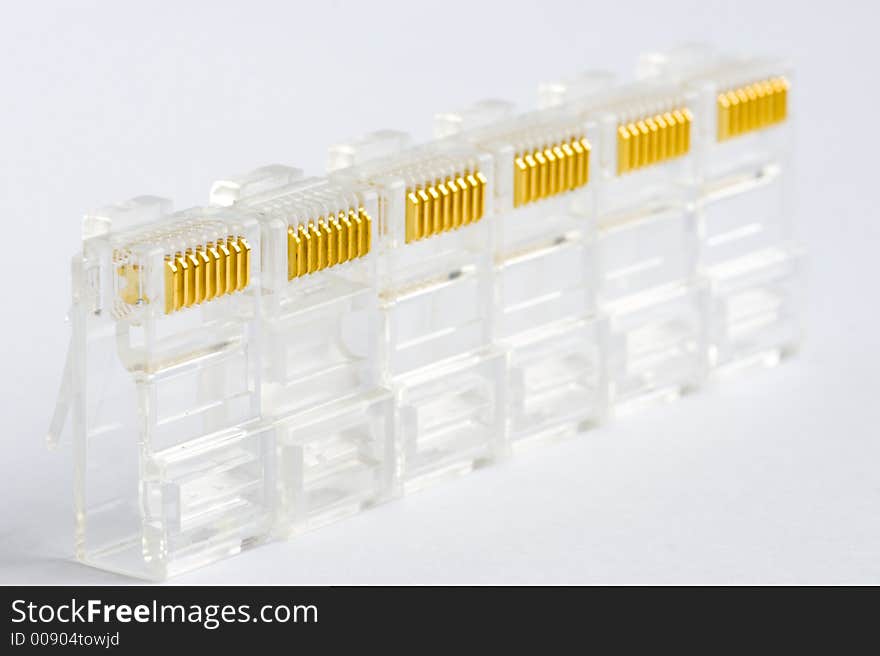 Six network connectors on a white background